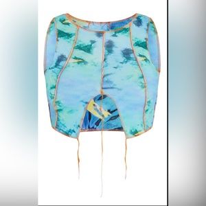 PRETTYLITTLETHING Aqua Abstract Tie Dye Panel Rib Contrast Overlock Crop Top